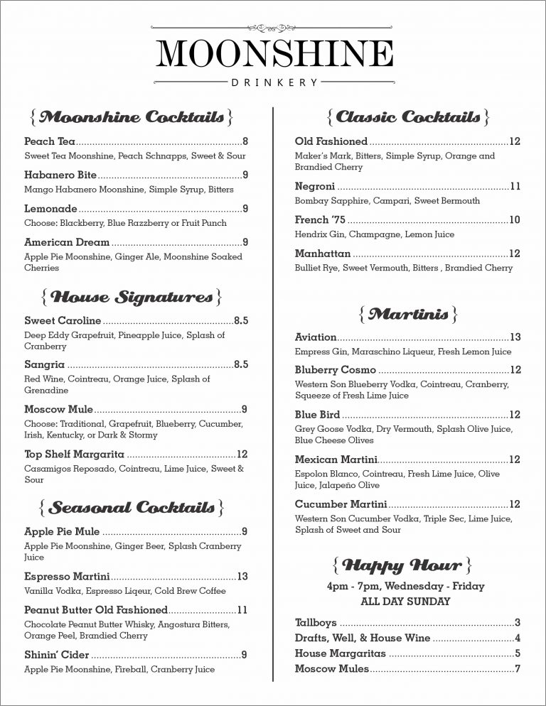 Menu Moonshine Drinkery
